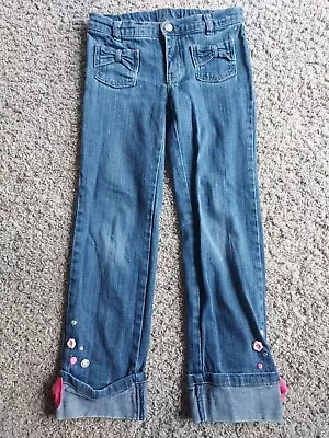 Gymboree Size 7 Equestrian Club Bow Cuff Blue Jeans Flower Buttons • $7