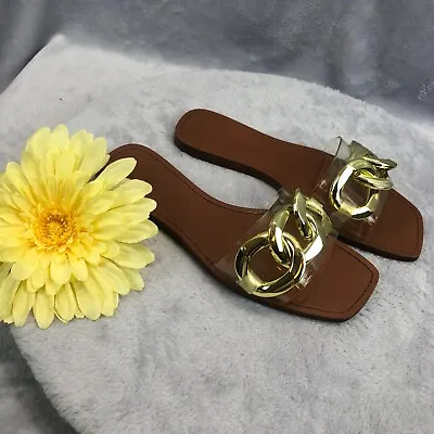 $49 • Buy Zara US 8.5 Sandals Clear Gel Slip On Large Gold Chain Embellished Flats