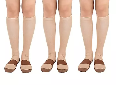 3 Pair Beige L/XL Compression Copper Socks Below Knee Support Calf Foot Ankle • $19.99