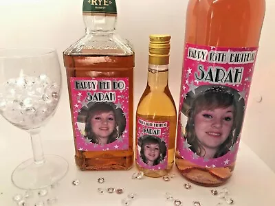 Personalised Photo Bottle Labels Pink 21st 18 Hen Wine Whisky Birthday • £3.50