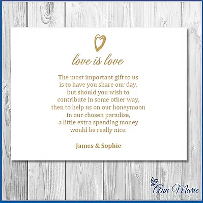 50 Personalised Wedding Money Poem / Honeymoon Wish Poems Card / Gift Poems Gold • £8.97