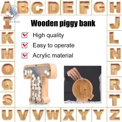 Wooden Letter Piggy Bank Saving Money Coin Box Alphabet Storage Tank Xmas Gifts • $13.92