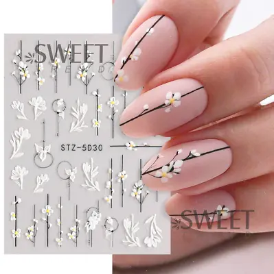 5D Embossed Black White Blossom Flower Love Nail Stickers Self-Adhesive Manicure • $2.95