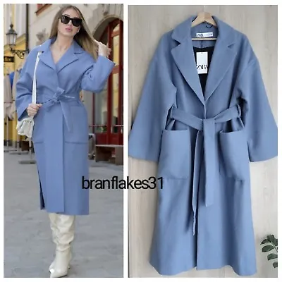 Zara Mid-blue 100% Wool Coat With Belt & Side Vents Size S • £149.99