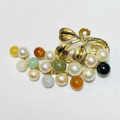 Ming's Honolulu 14K Yellow Gold Pearl Multicolor Jade Cluster Brooch Pin 10.8g • $950