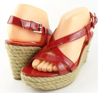 $198 VIA SPIGA MONIQUE Red Patent Wedges Strappy Platform Sandals 8.5 EUR 40 • $58.49