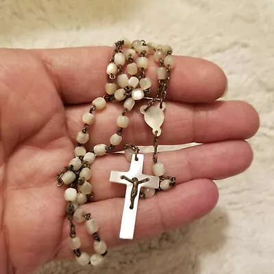 Vintage 14  Mother Of Pearl Shell Rosary Prayer Bead Crucifix Medal Necklace • $32