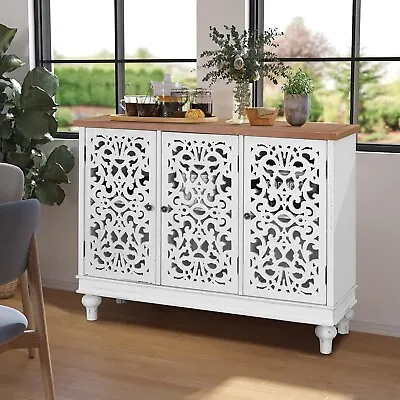 Storage Cabinet Buffet Sideboard 3 Door Distressed Kitchen Cabinet Hollow Carved • $232.99