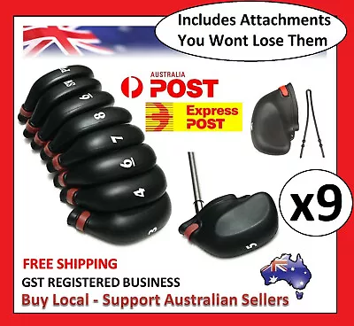 $27.95 • Buy 9 Pc Rubber String Head Cover Golf Iron Club Putter Headcover 3-SW Set Black 
