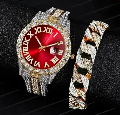 Mens Gold Silver Plated Iced Hip Hop Bling Watch & Bracelet Diamond Effect Set • £22.99