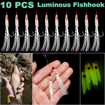 10Pcs Luminous Bait Feathers Lures Mackerel Bass Cod Sea Fishing Rig Tackle • £3.49