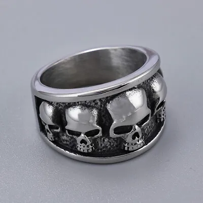 Stainless Steel Men'S Gothic Bike Multi Skull Skull Ring 5-15 Size Silver • $11.99