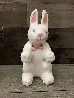 Vintage Easter Paper Mache Bunny Rabbit Pink Bow Tie Weighted Folk Art Spring • $30.25