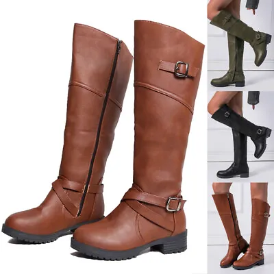 Womens Knee High Flat Low Heel Ladies Zip Buckle Leg Calf Biker Boots Size 3-8 • $58.96