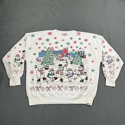 Vintage 1980s Made In USA White Christmas Crewneck Sweatshirt All Over Print XL • $29.99