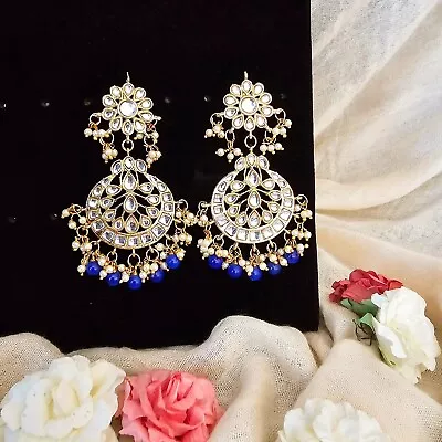 Indian Jewellery: Blue Statement Earrings With Kundan Stone Work And Pearls • $45