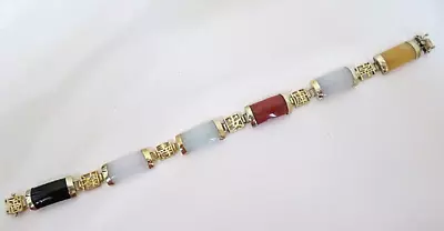 Vintage 925 Sterling Silver Multicolor Jade Bracelet Chinese Characters 7.5  • $5.50