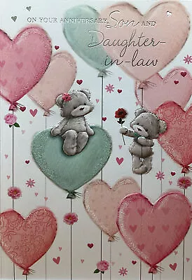 SON AND DAUGHTER IN LAW WEDDING ANNIVERSARY CARD CUTE BEARS HEARTS 7”x5”FREE P&P • £1.99