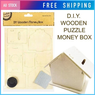 Wooden Piggy Money Box Kids DIY Arts Crafts Natural Wood Puzzle Painting Gift • $6.95