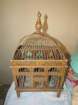 Vintage Bamboo & Wood Primitive Looking Hanging Bird Cage • $49.99