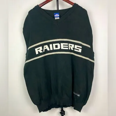 Vintage Reebok NFL Black Cotton Knit Raiders Sleeveless V-Neck Sweater Vest 2XL • $89.99