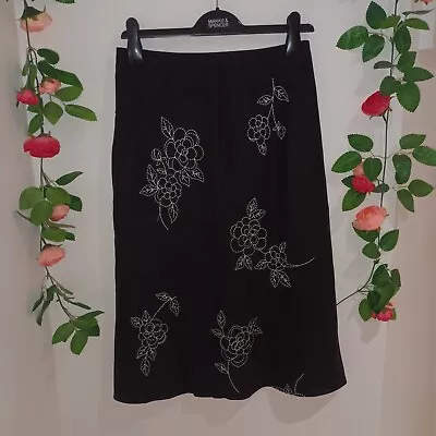 Laura Ashley Size 10 Black Floral Linen Summer Skirt Midi Elastic Waist Lined  • £11