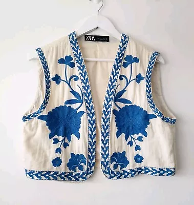 ZARA Blue & Cream Floral Embroidered Gilet Waistcoat Size L Large 12 Boho  • $49.77