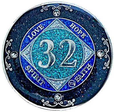 NA 32 Year Glitter & Crystals Medallion Narcotics Anonymous Blue Glitter Coin • $27.99