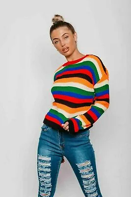 Womens Multicolor Striped Rainbow Print Knitted Jumper Ladies Sweatshirt  • £12.90