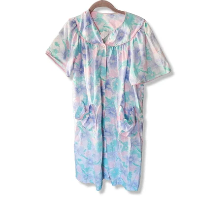 £24.17 • Buy VTG Pink Blue Cotton Housecoat Pearl Snap Robe Hospital Gown Maternity L XL