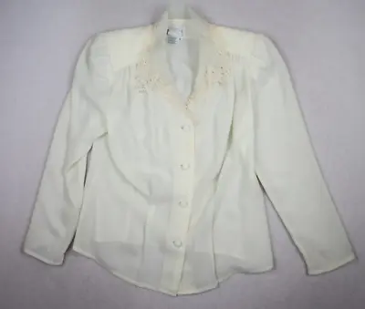 Vintage Women's Sheer Ivory Long Sleeve Blouse Lace Trim  - Size 6p • $7.14
