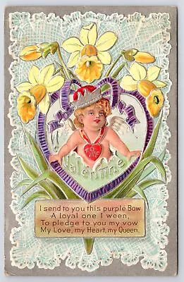 Valentine~Cupid King Pledge To My Queen~Daffodils~Lace Doily Back~Silver NASH • $9