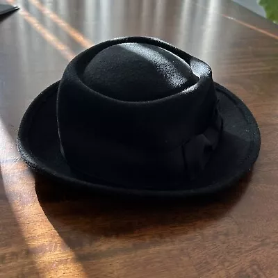 Men's Women’s 100% Wool Felt Pork Pie Hat Flat Top Fedora Bow Black Size M • $19