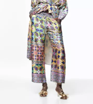 NWT ZARA Colorful PRINT  FLOWY Silky Wide Leg PANTS Size XXL • $54.50