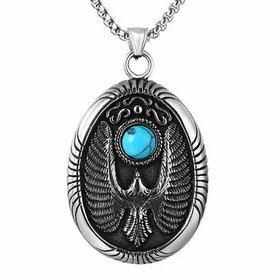 Mens Hawk Eagle Necklace Pendant Turquoise Stainless Steel Chain Silver For Gift • $7.99