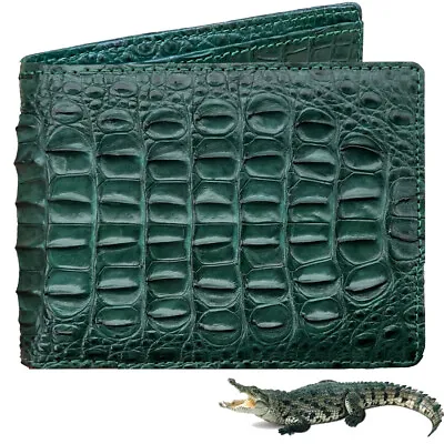 Green Leather Skin Men's Bifold Wallet Genuine Double Side Crocodile RFID Block • $79