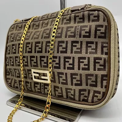 FENDI Chain Shoulder Bag Zucchino Canvas FF Logo Gold Hardware Khaki Authentic • $180