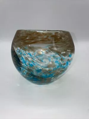 Viz Glass Inc Art Glass Globe Vase Hand Blown Art Glass 4.5”x5” Gold Teal Brown • $31.50