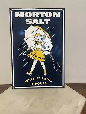 Ande Rooney Porcelain Enameled Sign-MORTON SALT WHEN IT RAINS IT POURS • $50