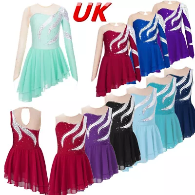 UK Girl Sequin Mesh Splice Dance Leotard Dress For Figure Ice Skating Gymnastics • £16.57