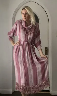 Vintage 80s Sybil California Woven Rayon Blush Mauve Fringed Fabulous Dress S6 • $22.50