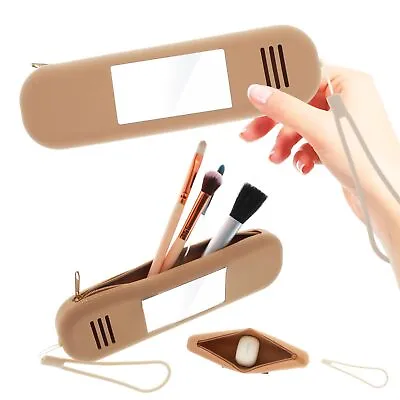 Silicone Makeup Brush Holder With Mirror Pouch Cosmetic Travel Case Pink/Brown • £5.49