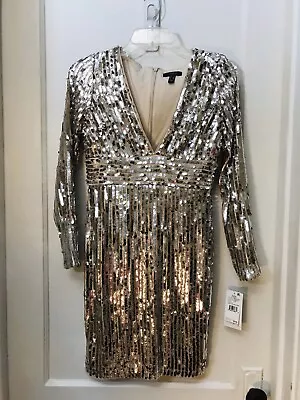 Aidan Mattox V-neck Long Sleeve Sequin Silver/champagne Sheath Dress NWT Size 2 • $54.99