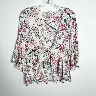 L*Space Women Medium White Pink Swim Cover Up Crop Floral Paisley Tie Top W • $29.99