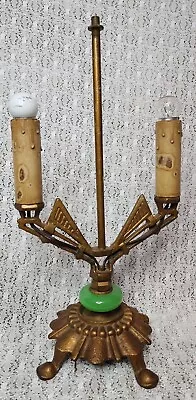 Antique Art Deco Green Glass Agate Candelabra Table Lamp Two Arm Light FOR PARTS • $89.99