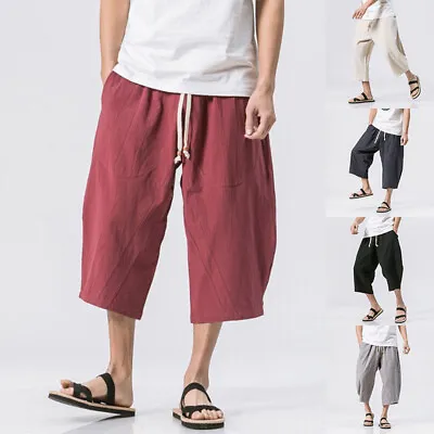Mens Solid Linen Shorts Trousers Summer Capri Elastic Waist Drawstring 3/4 Pants • £12.79