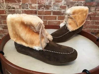 Lamo Chocolate Brown Suede Lace-up Moccasin Faux Fur Ankle Booties Wolcott NEW • $22.95