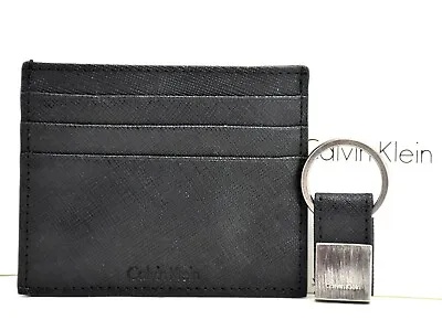 Calvin Klein Mens Leather RFID Card Holder Wallet And Key Ring Set Black • £30