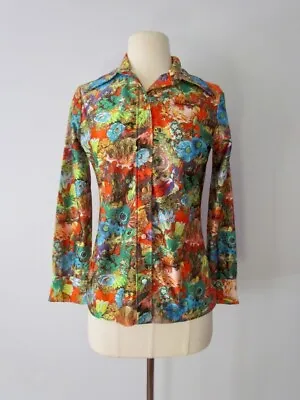 RARE Lanvin Paris Vintage Shirt Top 70s Floral Burst Button Blouse Sz 10  • $225