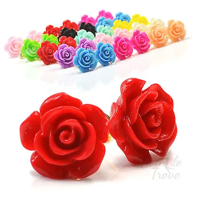 16mm Carved Rose Flower Stud Earrings. You Choose Colour. Kawaii Cute Trend Gift • £1.49